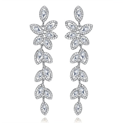luxury leaves long drop crystal hanging dangle earrings eh282-silver