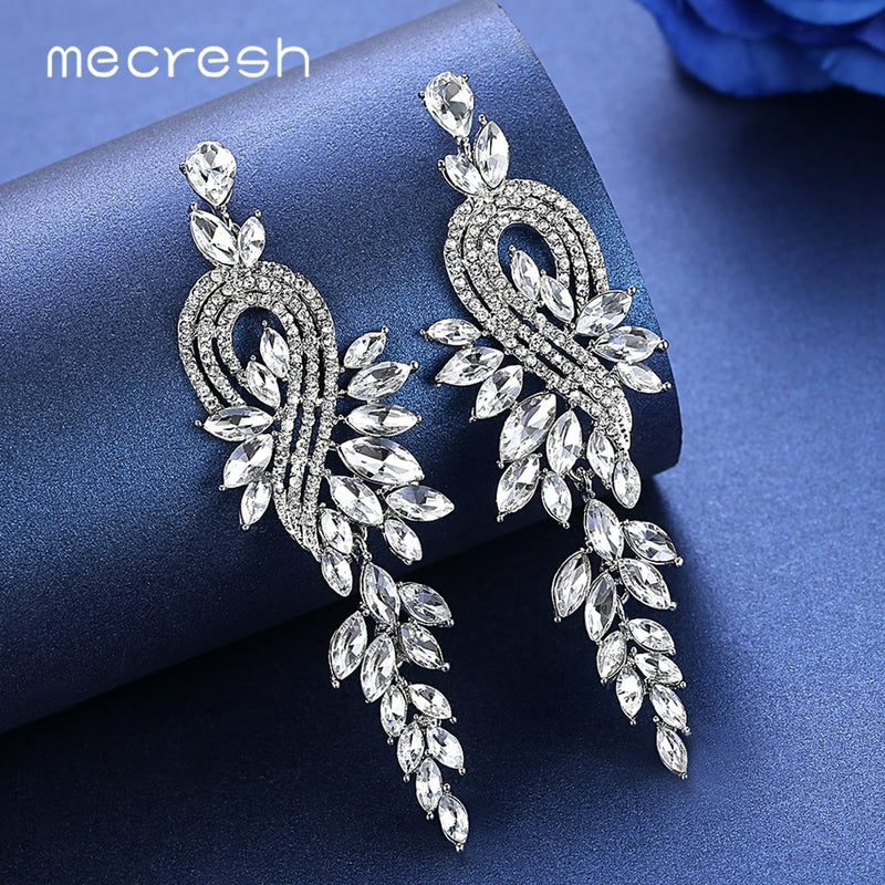 luxury leaves long drop crystal hanging dangle earrings