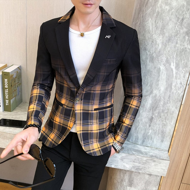 men blazer spring new colorblock plaid blazer men slim casual man blazers wedding business party