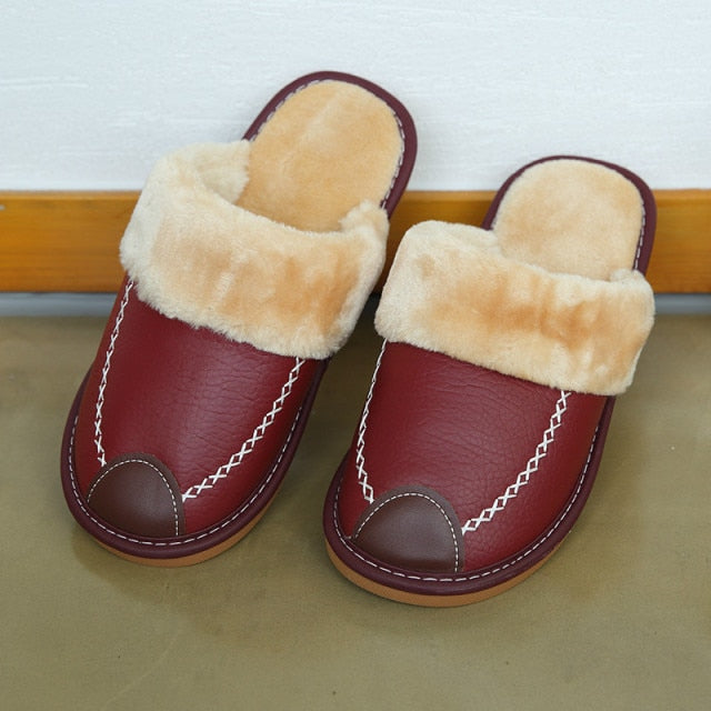 men winter pu leather slippers