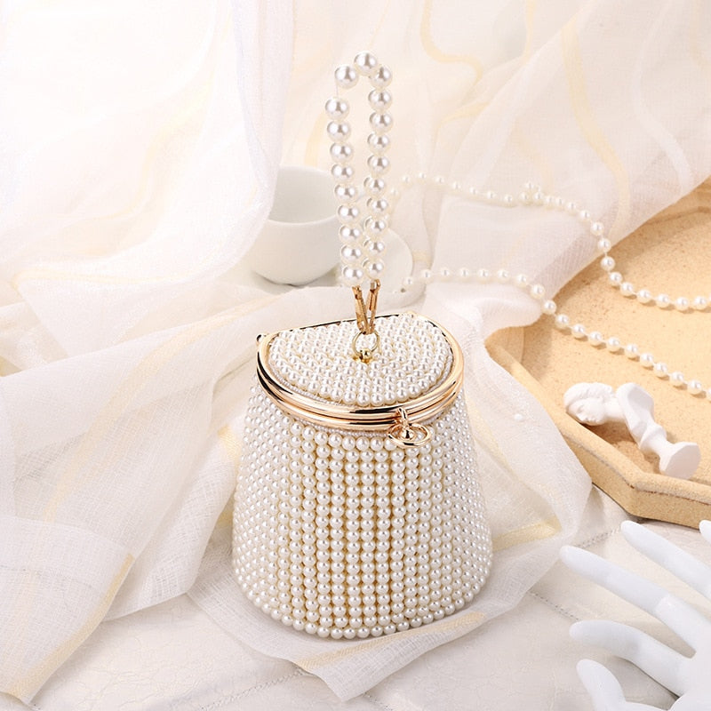 pearl beading holder bucket design women clutch white / mini(max length<20cm)