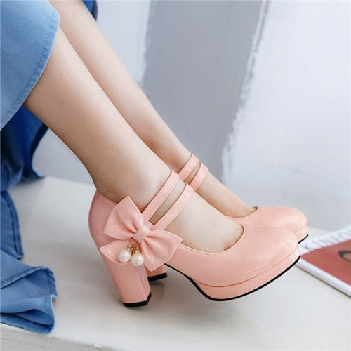 sweet butterfly-knot women pumps round toe square high heels