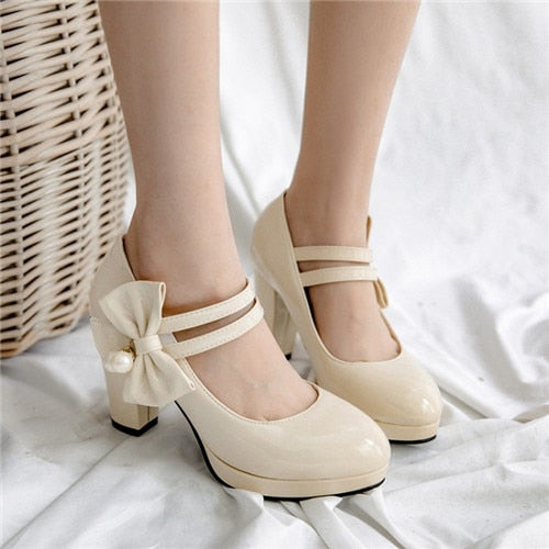 sweet butterfly-knot women pumps round toe square high heels