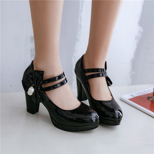 sweet butterfly-knot women pumps round toe square high heels