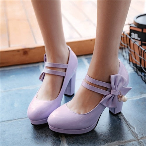 sweet butterfly-knot women pumps round toe square high heels