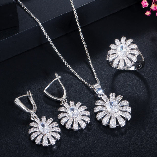 cz new arrival big flower crystal 925 sterling silver roya jewelry set