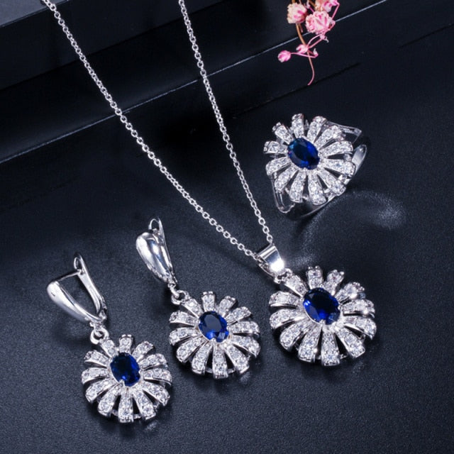 cz new arrival big flower crystal 925 sterling silver roya jewelry set