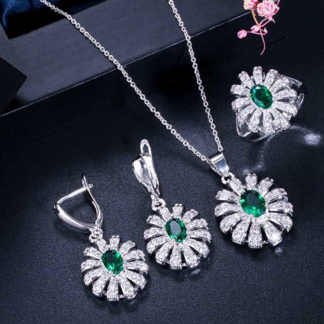 cz new arrival big flower crystal 925 sterling silver roya jewelry set