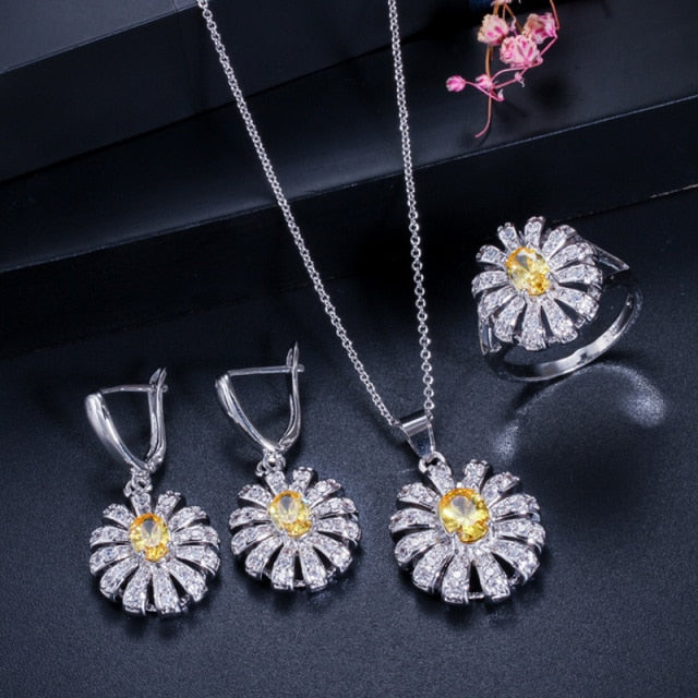 cz new arrival big flower crystal 925 sterling silver roya jewelry set