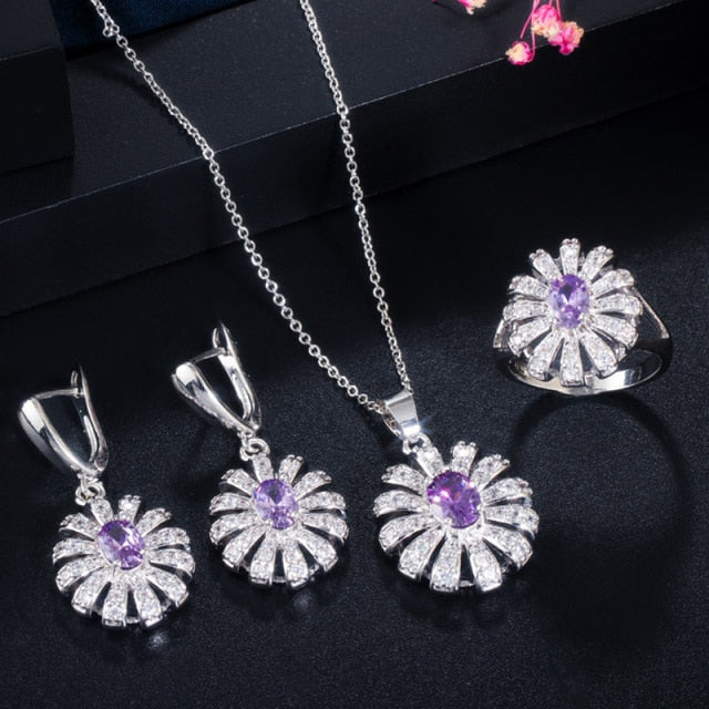 cz new arrival big flower crystal 925 sterling silver roya jewelry set