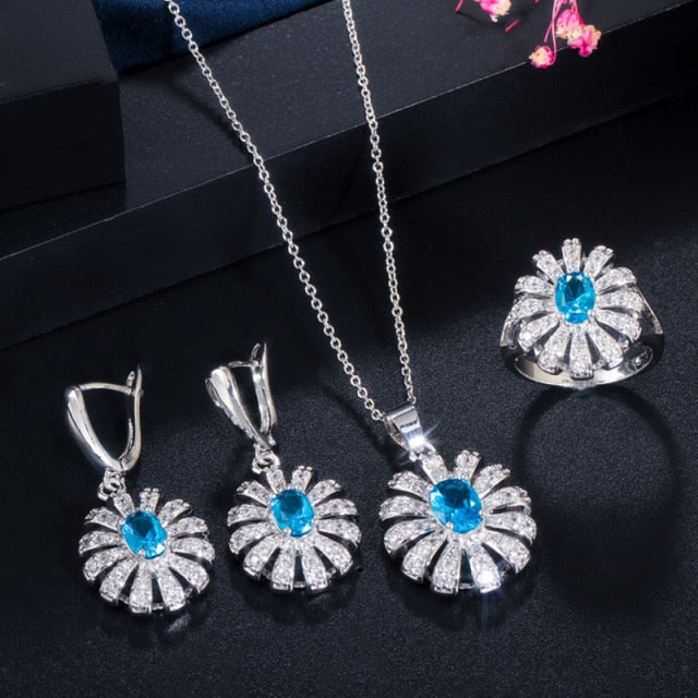 cz new arrival big flower crystal 925 sterling silver roya jewelry set