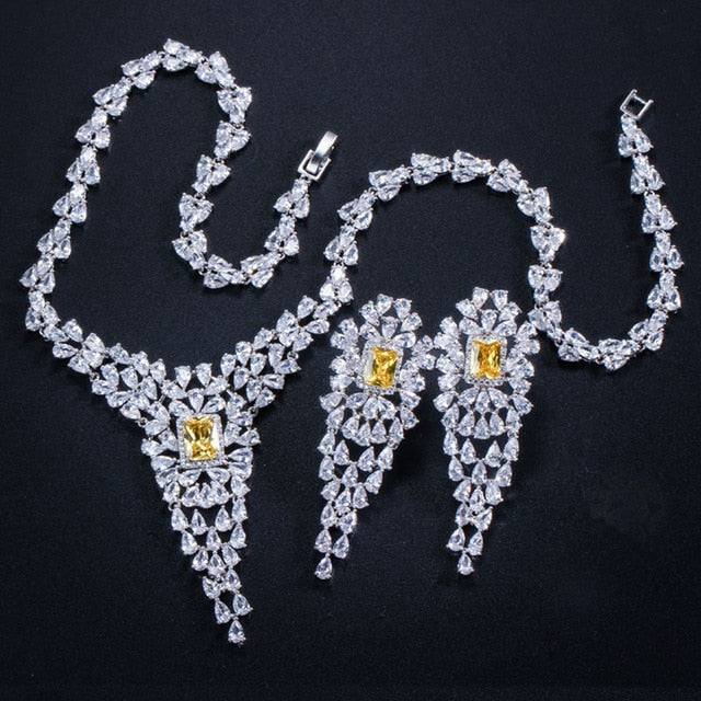 cubic zirconia long drop shape luxury women party jewelry sets yellow