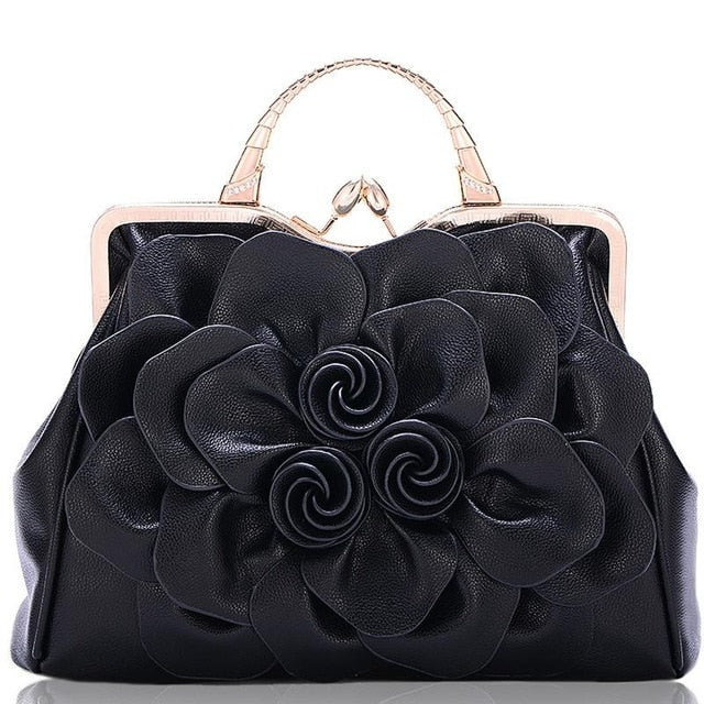 flower fashion ladies luxury leather bags black