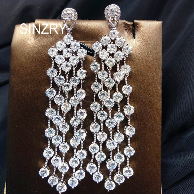 white cut cubic zircon long tassel sparkling wedding dangle earrings