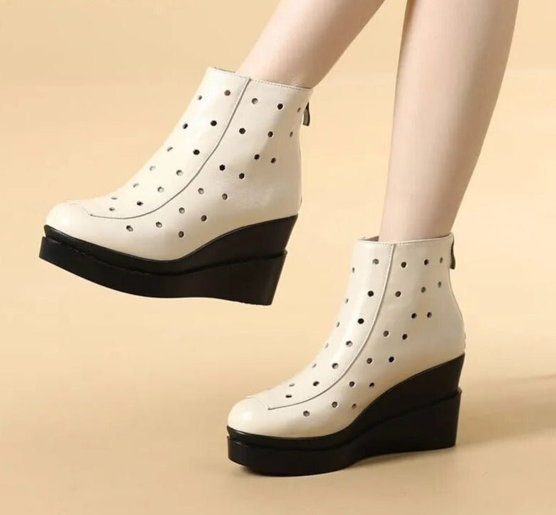Genuine Leather Wedges Platform Zipper Soft Women Ankle Boots