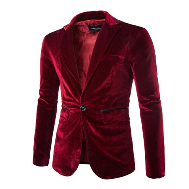 shiny one button men velvet blazer