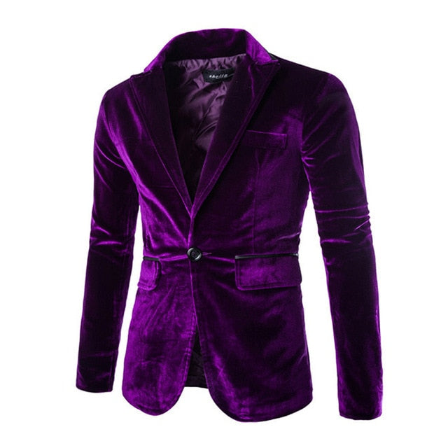 shiny one button men velvet blazer