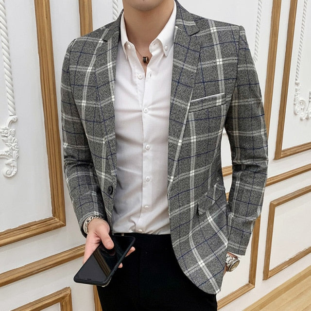 spring men's plaid blazer fashion business casual men's slim suit jacket large size casual banquet wedding party club dress