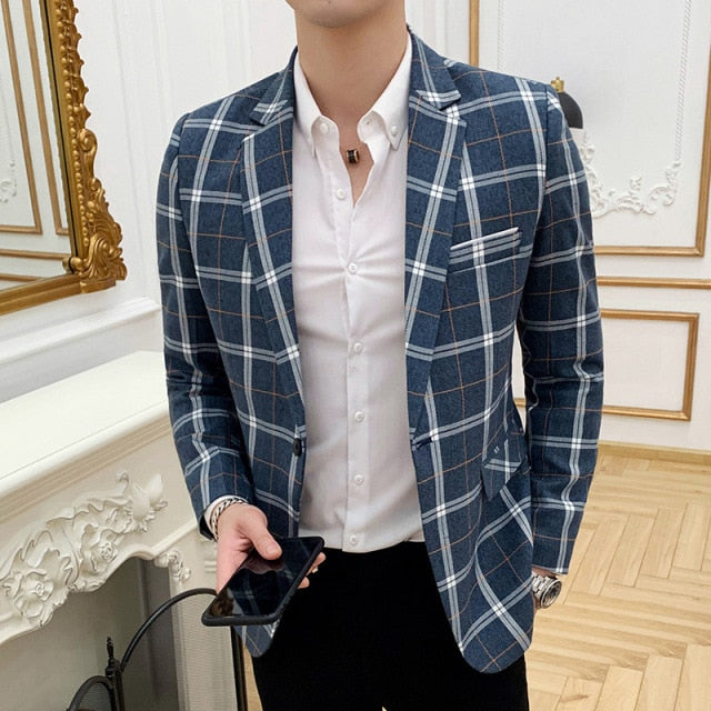 spring men's plaid blazer fashion business casual men's slim suit jacket large size casual banquet wedding party club dress