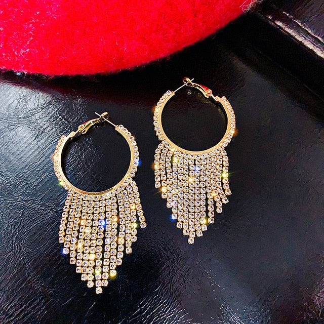 rhinestone tassel drop earrings gold