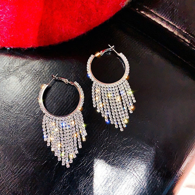 rhinestone tassel drop earrings silver