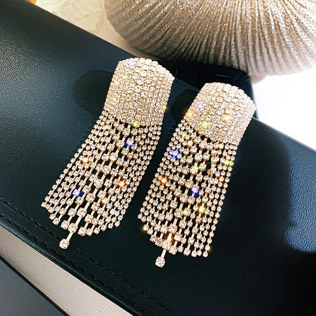 shiny rhinestone long tassel drop earrings gold