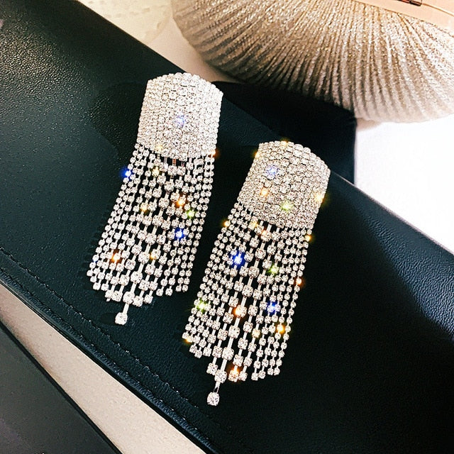 shiny rhinestone long tassel drop earrings silver