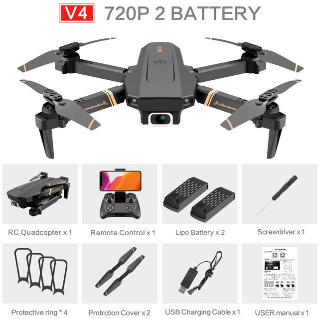 v4 rc drone 4k hd wide angle dual camera 1080p wifi 720p-2battery