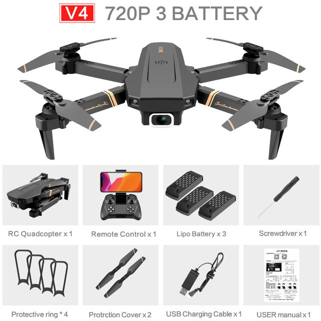 v4 rc drone 4k hd wide angle dual camera 1080p wifi 720p-3battery