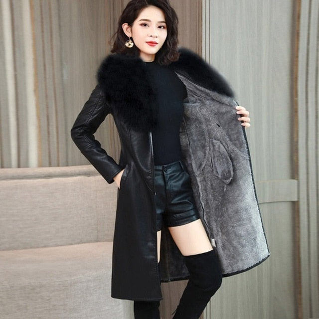 velvet warm slim big fur collar vangull leather jacket for women