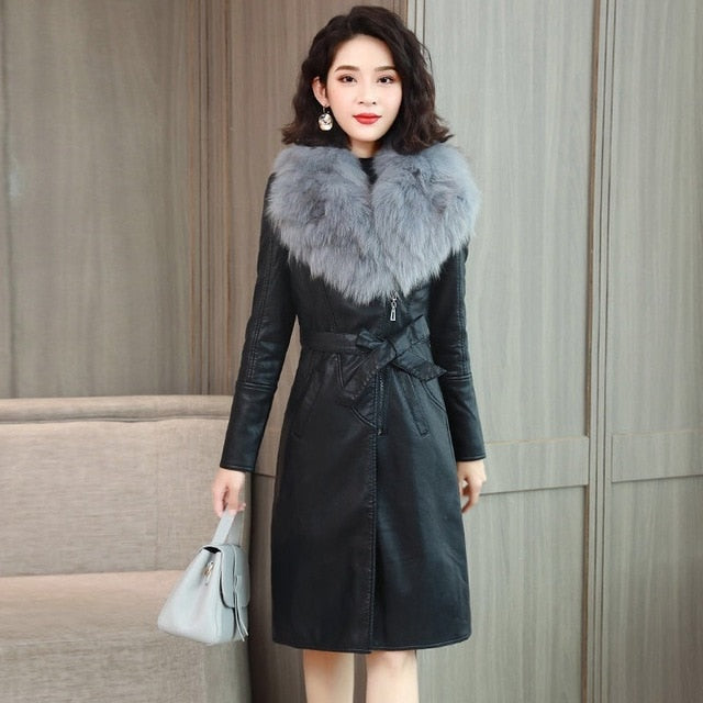 velvet warm slim big fur collar vangull leather jacket for women
