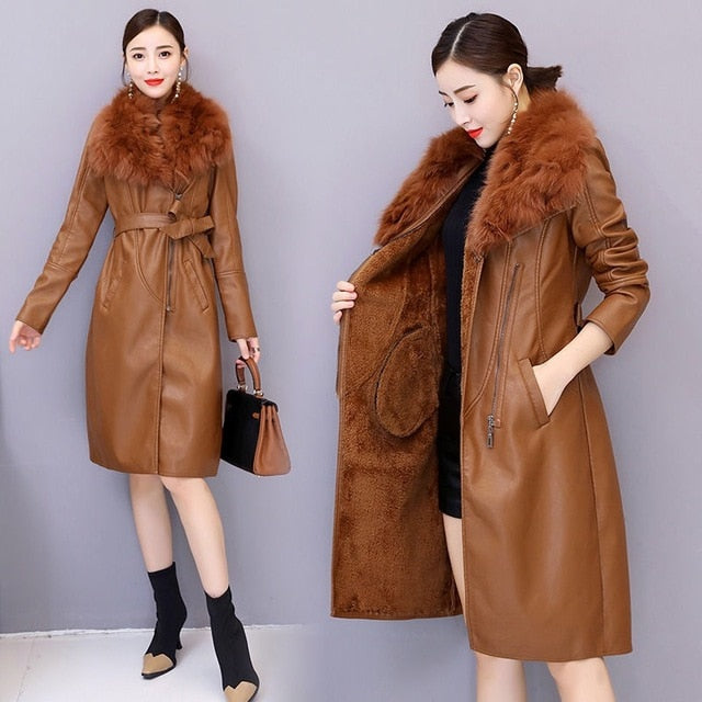 velvet warm slim big fur collar vangull leather jacket for women