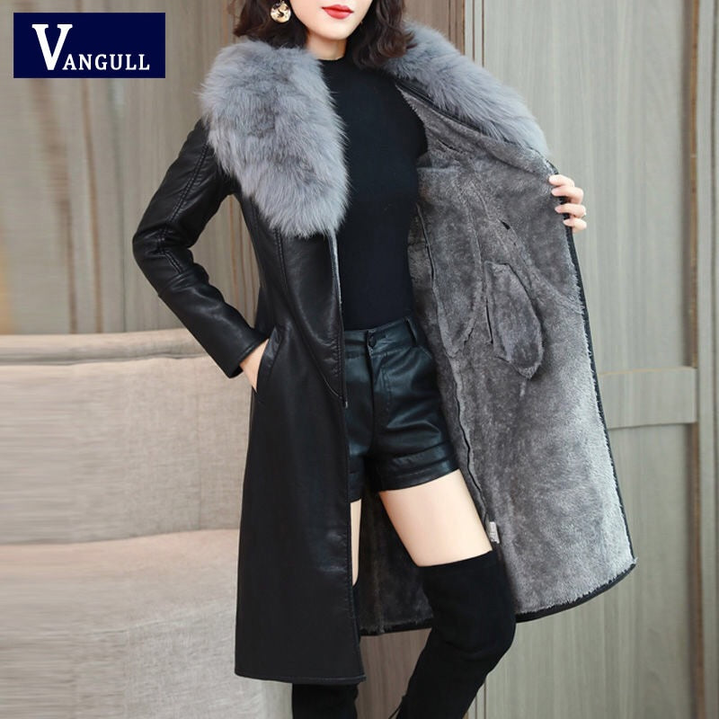 velvet warm slim big fur collar vangull leather jacket for women