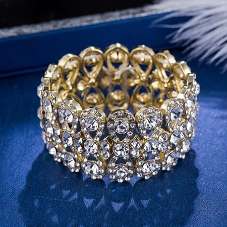 luxury full crystal rhinestones stretch chain wide bracelet gold