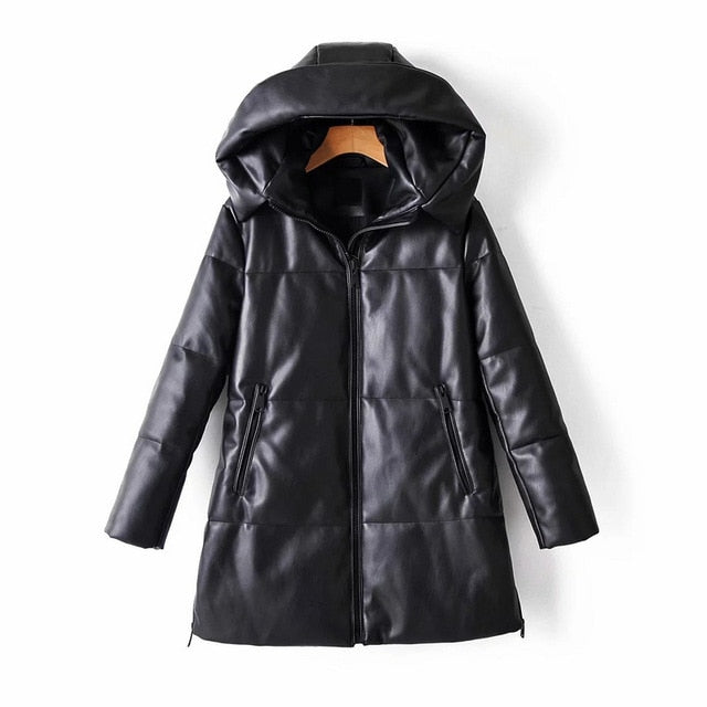 wixra solid pu waterproof leather cotton jacket hooded for women