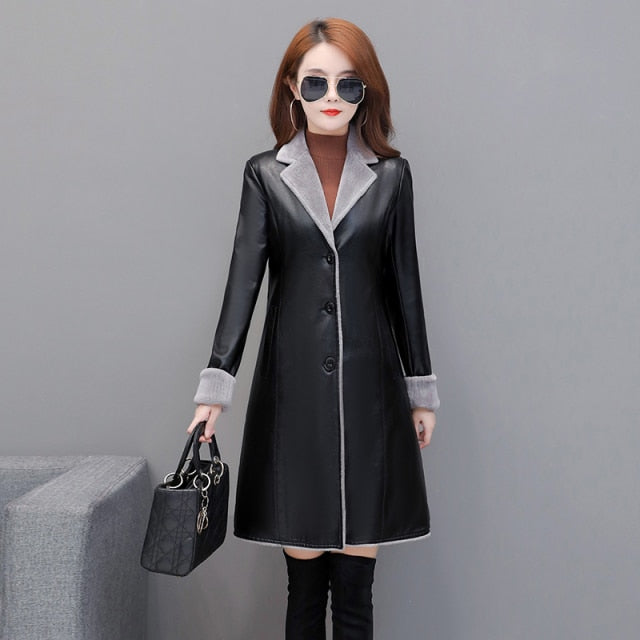 winter fashion thicken women leather and velvet coat