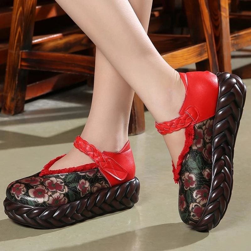 ankle strap genuine leather handmade platform wedges women pumps