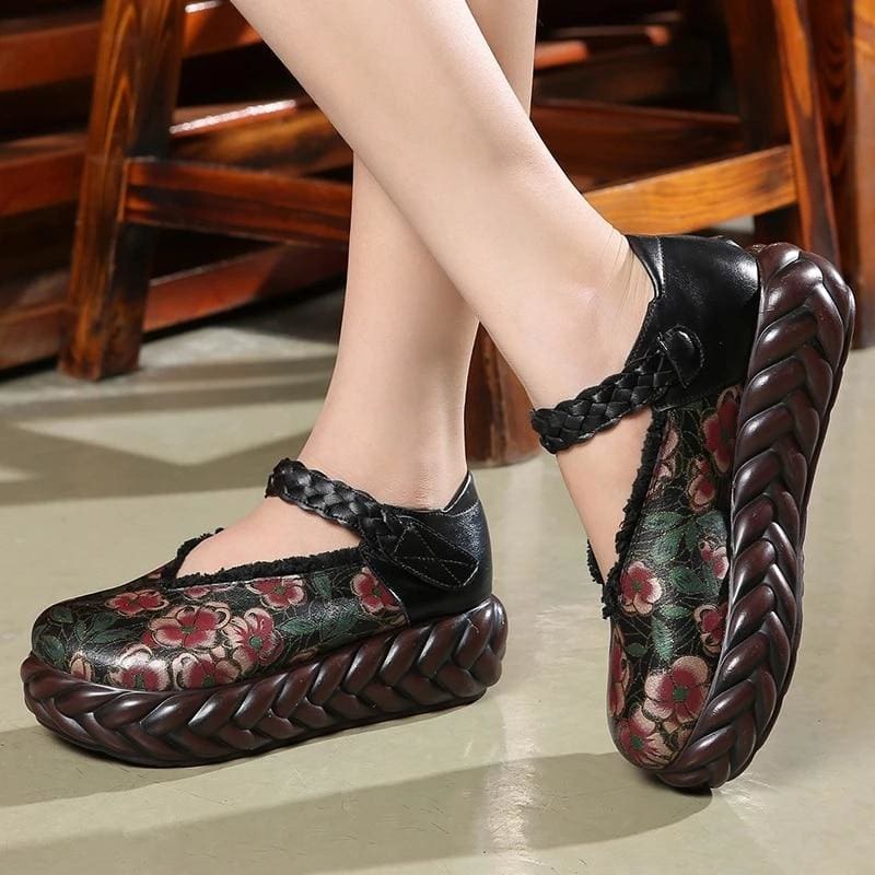 ankle strap genuine leather handmade platform wedges women pumps