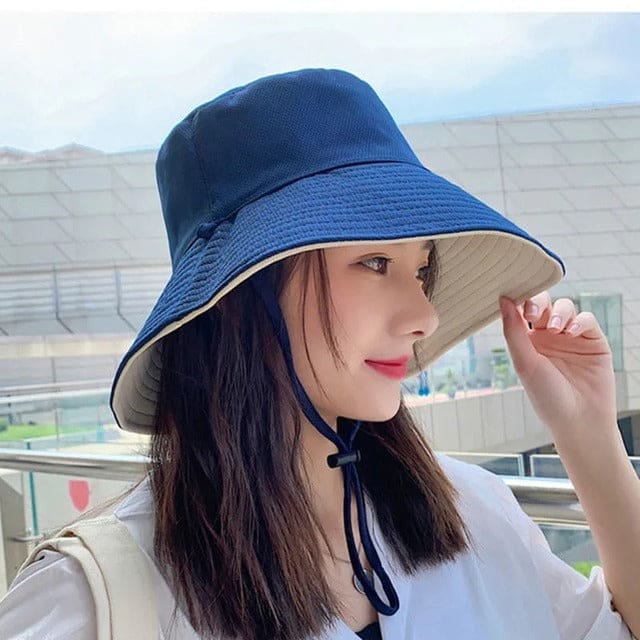 big brim solid color double-sided sun fisherman hat navy beige