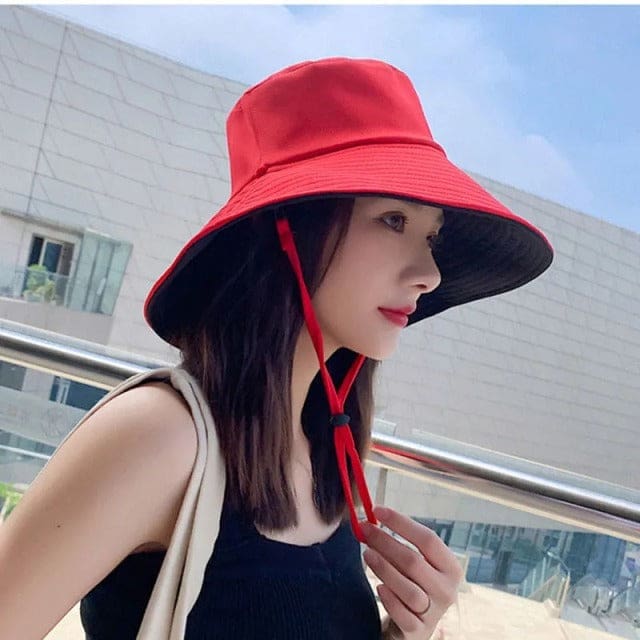 big brim solid color double-sided sun fisherman hat red black