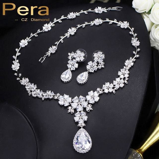 big flower cubic zirocnia dangle water drop necklace and earrings set white