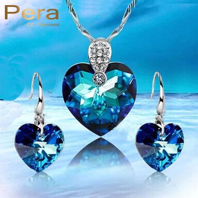 big heart dropping crystal stone necklace and earrings sets blue