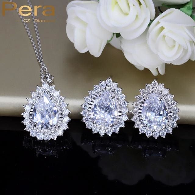 big size heavy water drop cubic zirconia necklace and earrings set white