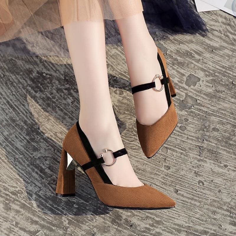 big size thick heel pointed one - word buckle belt shoes