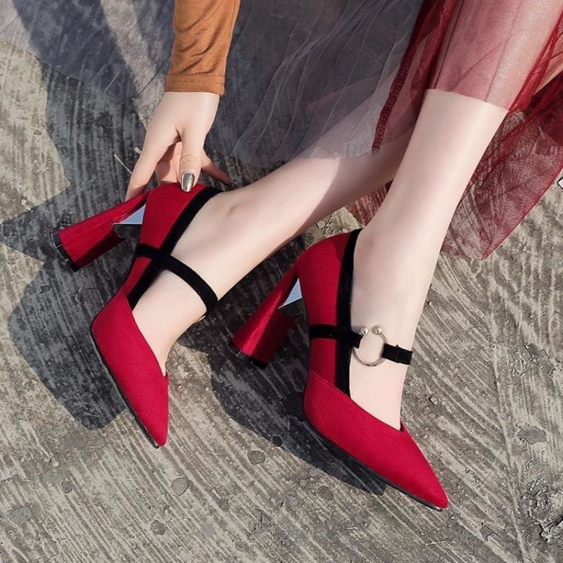 big size thick heel pointed one - word buckle belt shoes