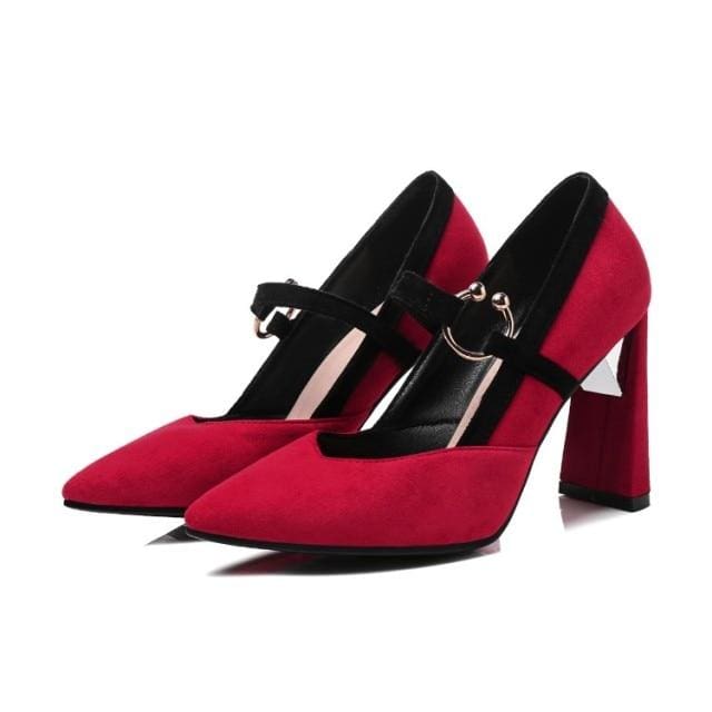 big size thick heel pointed one - word buckle belt shoes