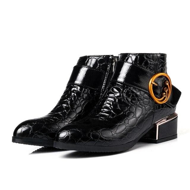 black buckle round toe ankle boots for women