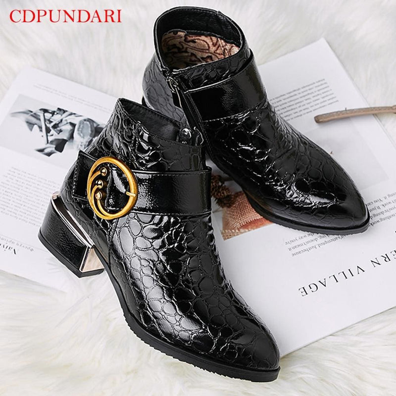 black buckle round toe ankle boots for women