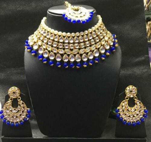 bollywood bridal fashion wedding kundan choker jewelry set blue