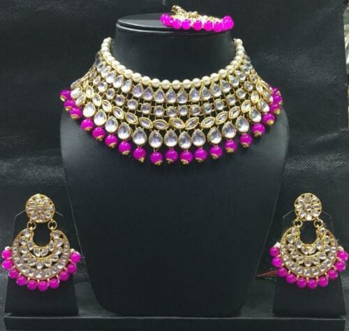 bollywood bridal fashion wedding kundan choker jewelry set pink